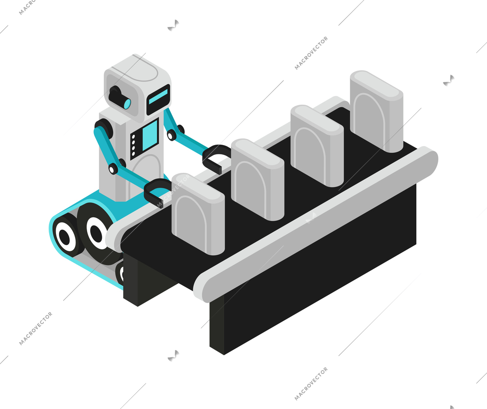 Isometric robotic process automation composition with character of robot working on assembly line vector illustration