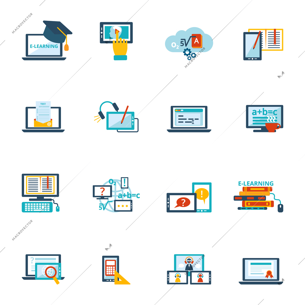 Online education e-learning video tutorial training flat icons set vector illustration