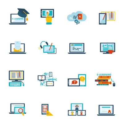 Online education e-learning video tutorial training flat icons set vector illustration