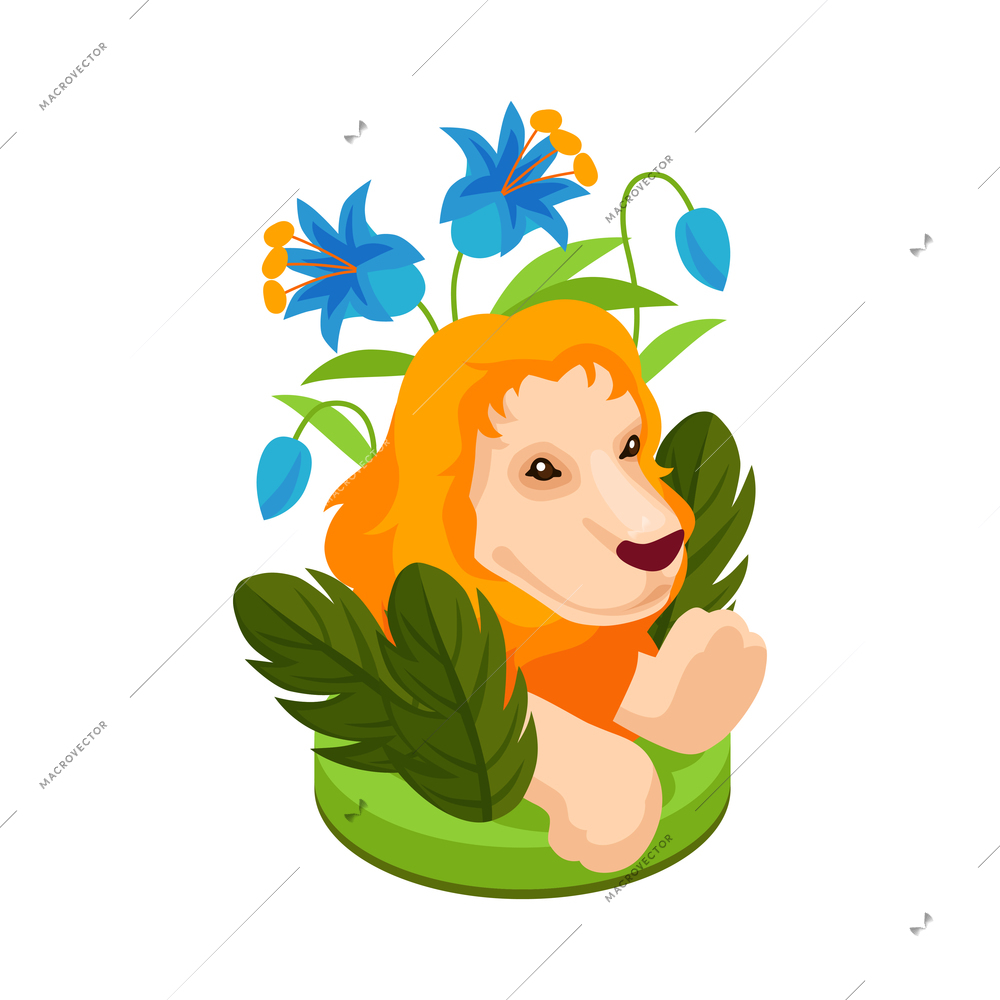 Isometric brazilian rio carnival festival composition with image of lion surrounded by colorful flowers vector illustration