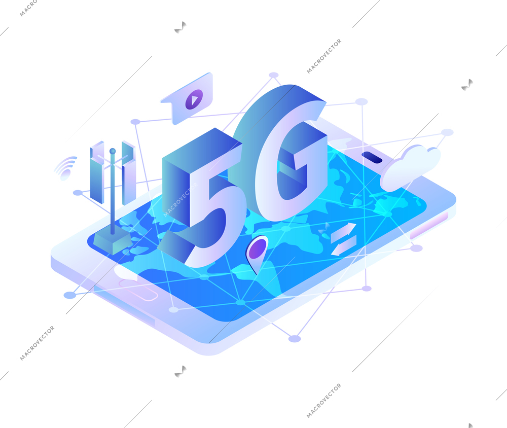 Isometric 5g internet technology composition with icons of tablet world map and clouds with chat bubbles vector illustration