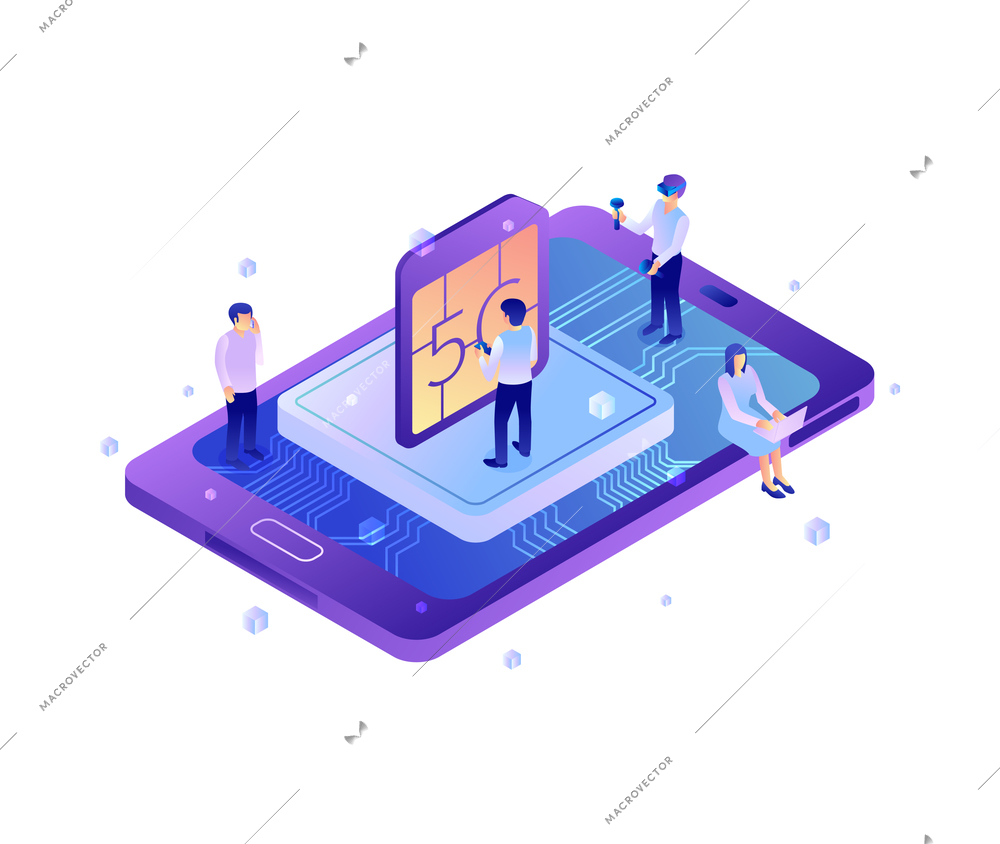 Isometric 5g internet technology composition with icons of tablet people and 5g ready sim card chip elements vector illustration