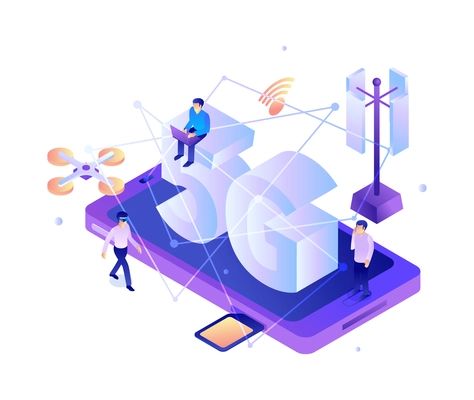 Isometric 5g internet technology composition with icons of smartphone antenna flying drone and connection lines with people vector illustration