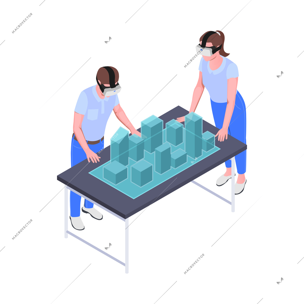 Virtual augmented reality isometric composition with man and woman in vr helmets looking at city block model vector illustration