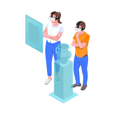Virtual augmented reality isometric composition with holographic art objects observed by visitors in vr helmets vector illustration