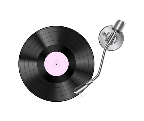 Vinyl realistic composition with images of vinyl disk and tone arm on transparent background vector illustration