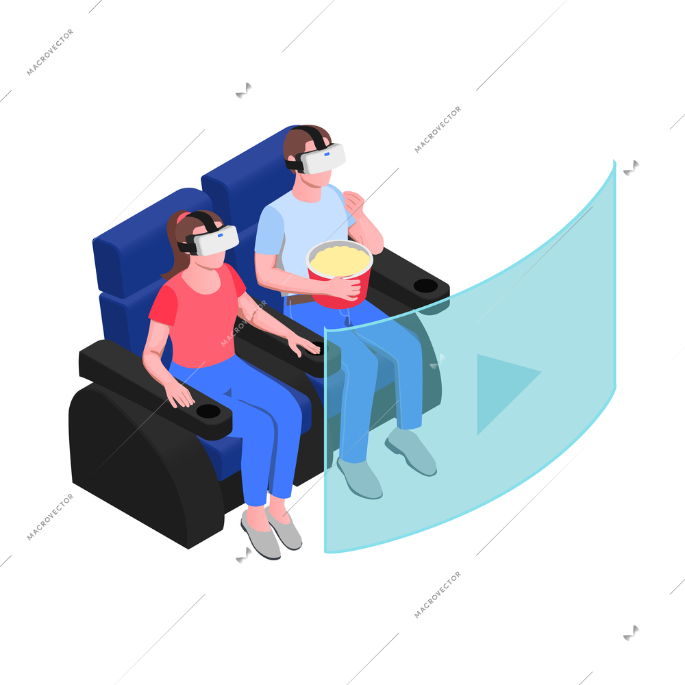 Virtual augmented reality isometric composition with couple watching movie in vr helmets with popcorn vector illustration
