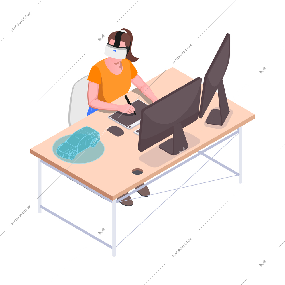 Virtual augmented reality isometric composition with female car designer working in vr helmet vector illustration