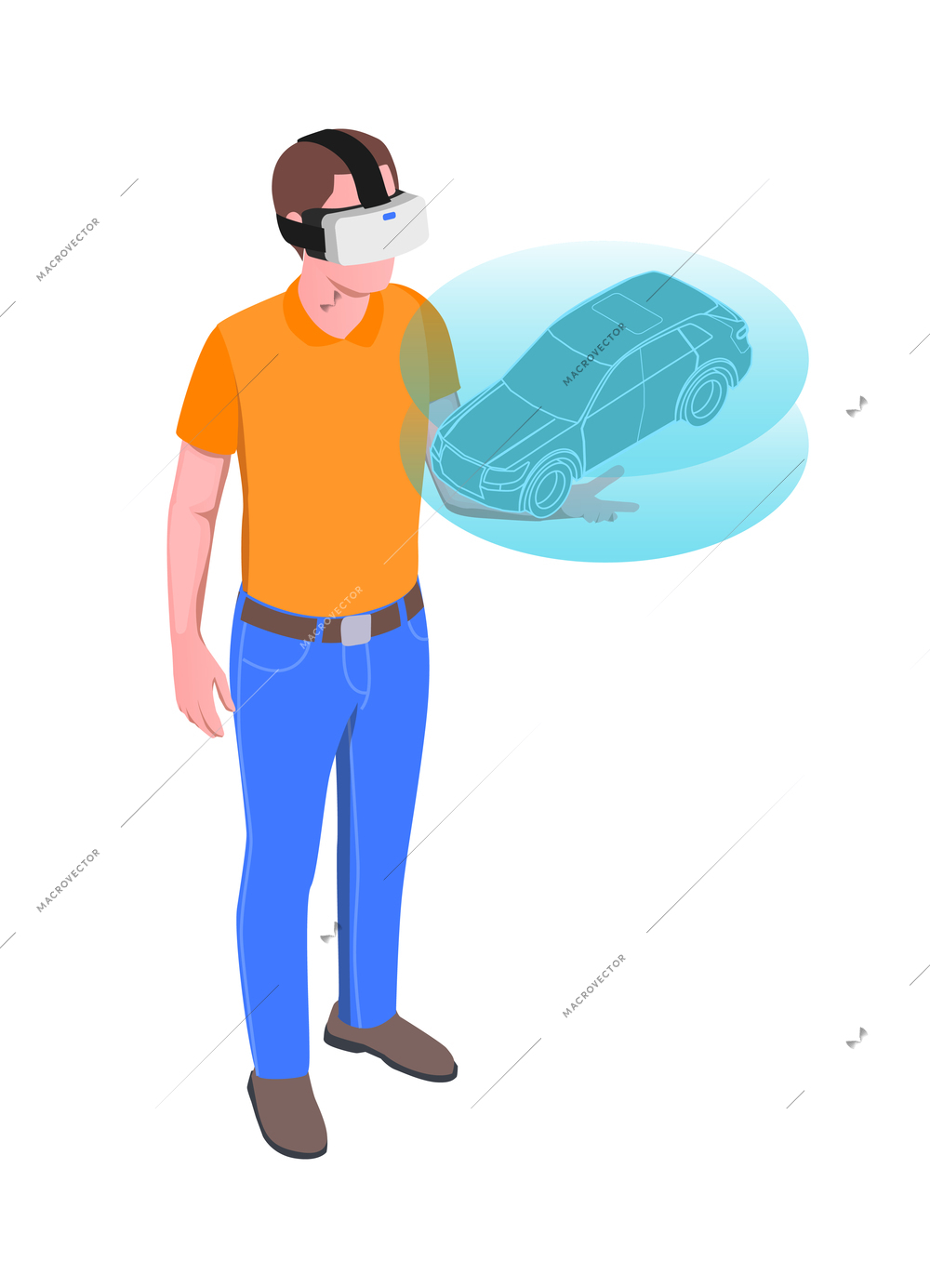 Virtual augmented reality isometric composition with male character wearing vr helmet holding holographic car model vector illustration