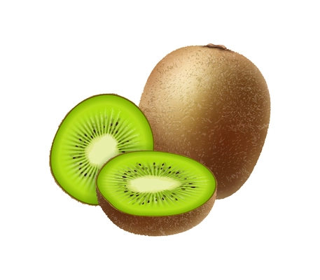 Realistic fruits composition with images of whole and sliced kiwi fruit on blank background vector illustration
