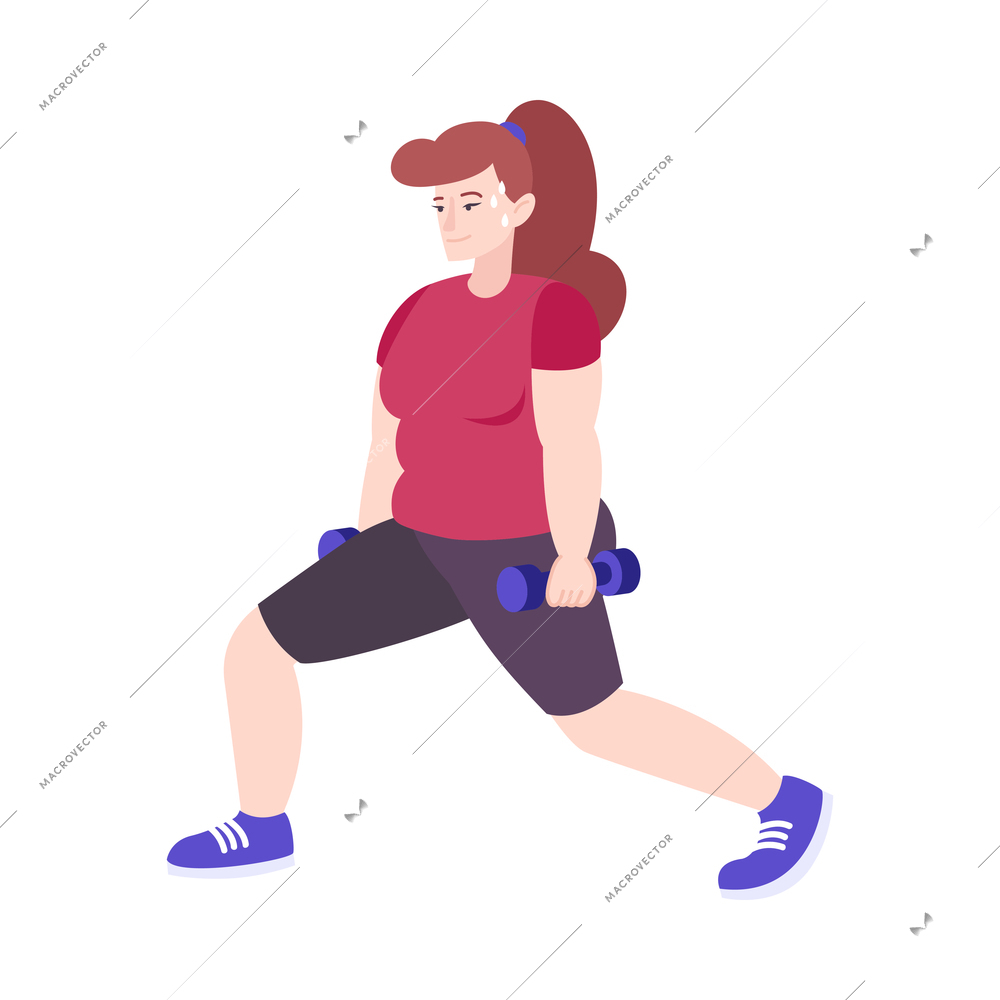 Fitness club composition with sweaty female character performing weight lifting exercise vector illustration