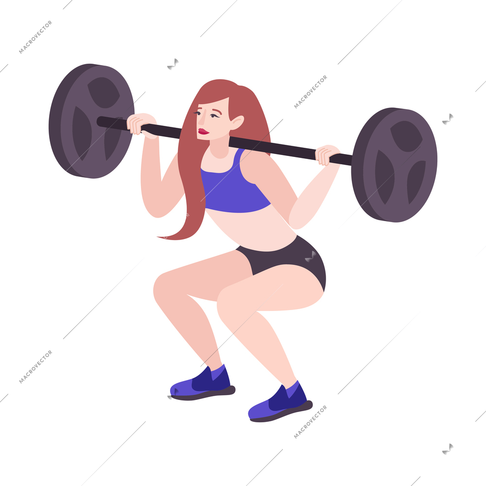 Fitness club composition with isolated character of woman lifting heavy barbells up vector illustration