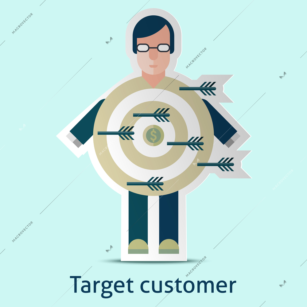 Target customer concept with person in suit with dartboard target in the middle vector illustration