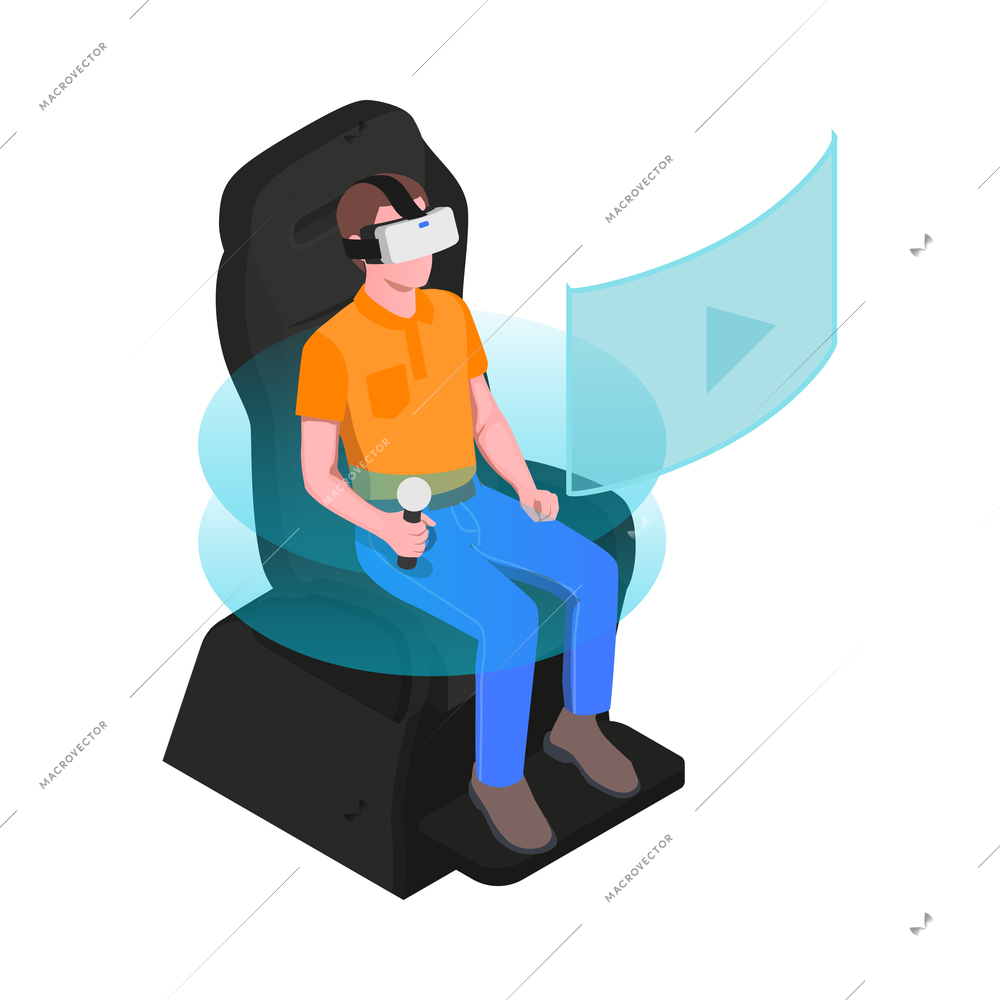 Virtual augmented reality isometric composition with male character in armchair with microphone vector illustration