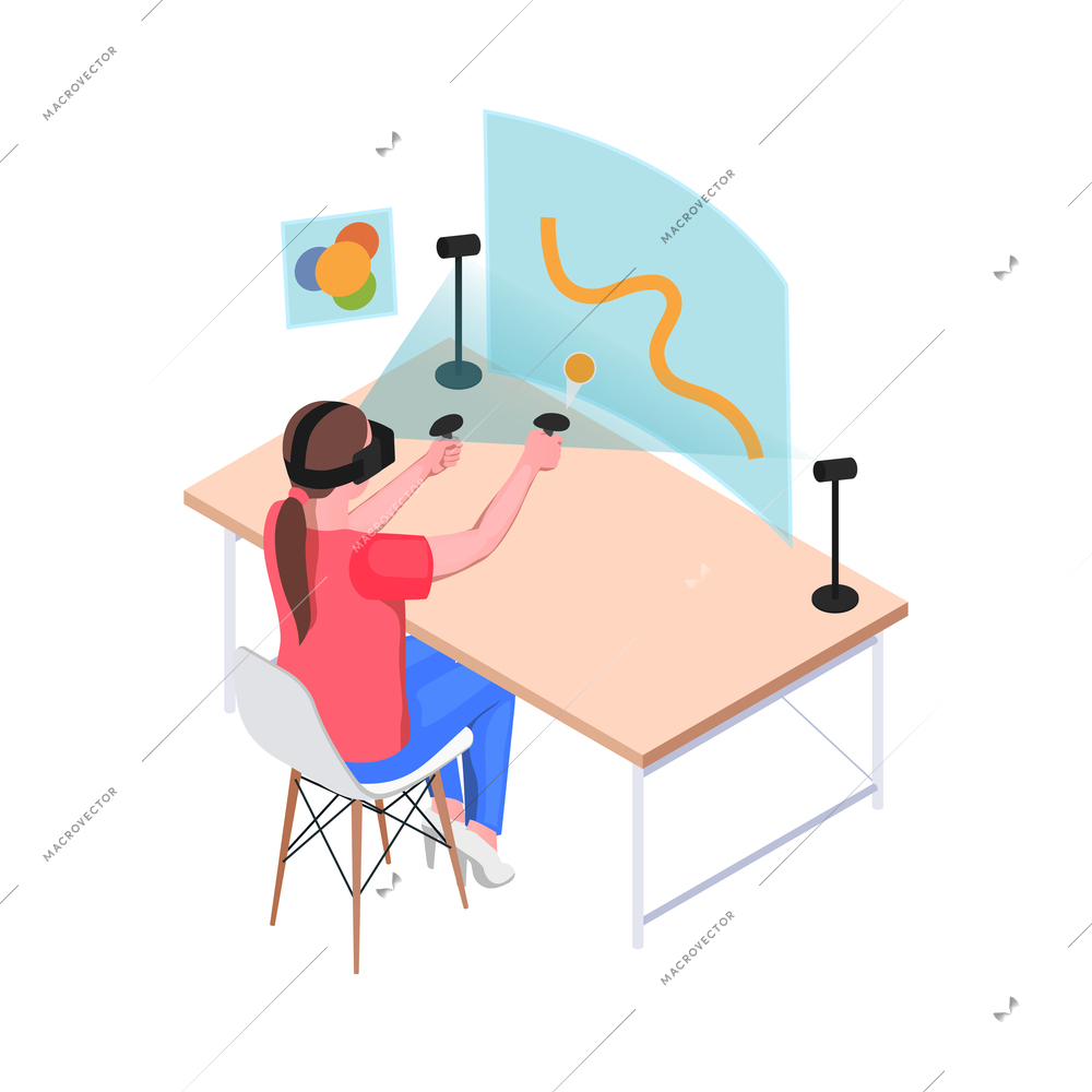 Virtual augmented reality isometric composition with teenage girl drawing lines with joysticks vector illustration