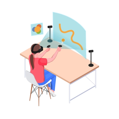 Virtual augmented reality isometric composition with teenage girl drawing lines with joysticks vector illustration