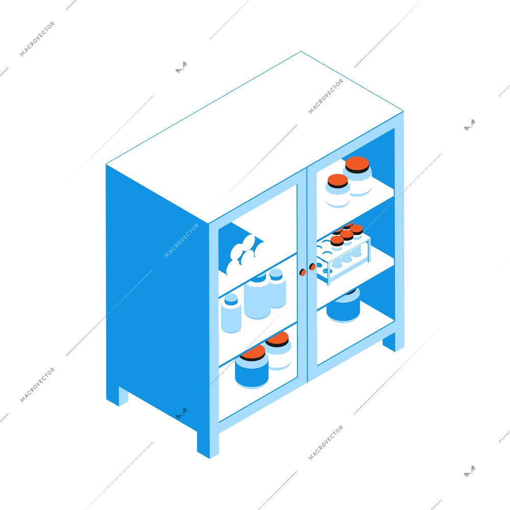 Operating room isometric composition with isolated image of cabinet with test tubes and medication vials vector illustration