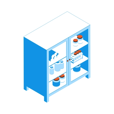 Operating room isometric composition with isolated image of cabinet with test tubes and medication vials vector illustration