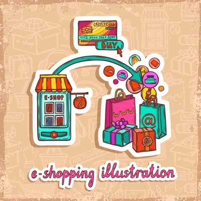 Internet shopping e-commerce online purchase payment system sketch sticker design concept vector illustration