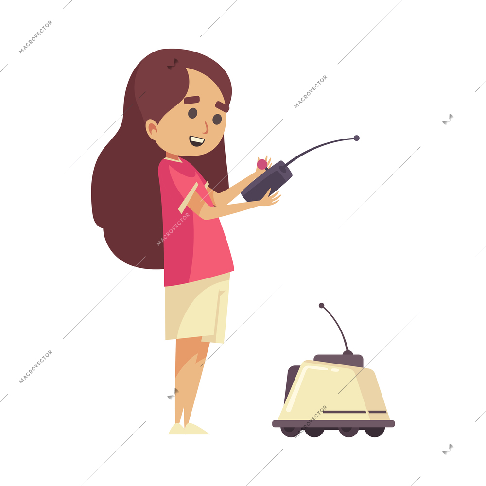 Robotics kids education composition with cartoon character of girl with remote and robot on wheels vector illustration