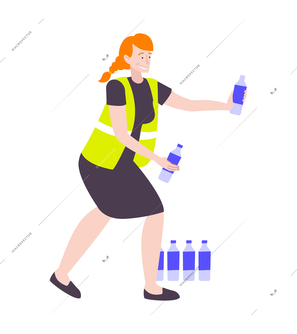 Marathon running sport composition with isolated human character of female volunteer sharing water bottles vector illustration