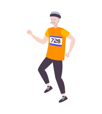 Marathon running sport composition with isolated human character of elderly man taking part in run vector illustration