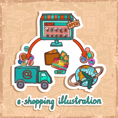 Internet shopping e-commerce online purchase delivery system sketch design concept vector illustration