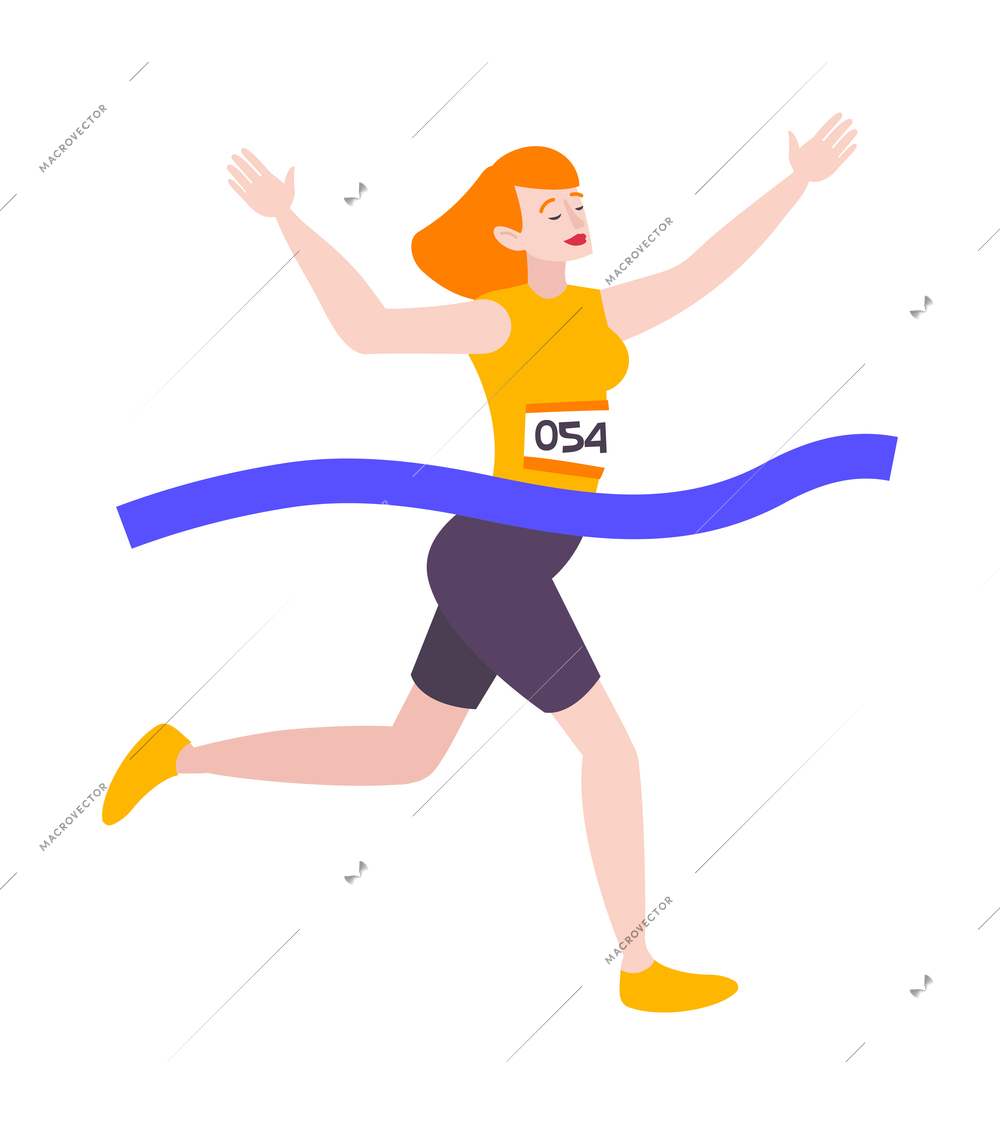 Marathon running sport composition with isolated human character of girl crossing finish line vector illustration