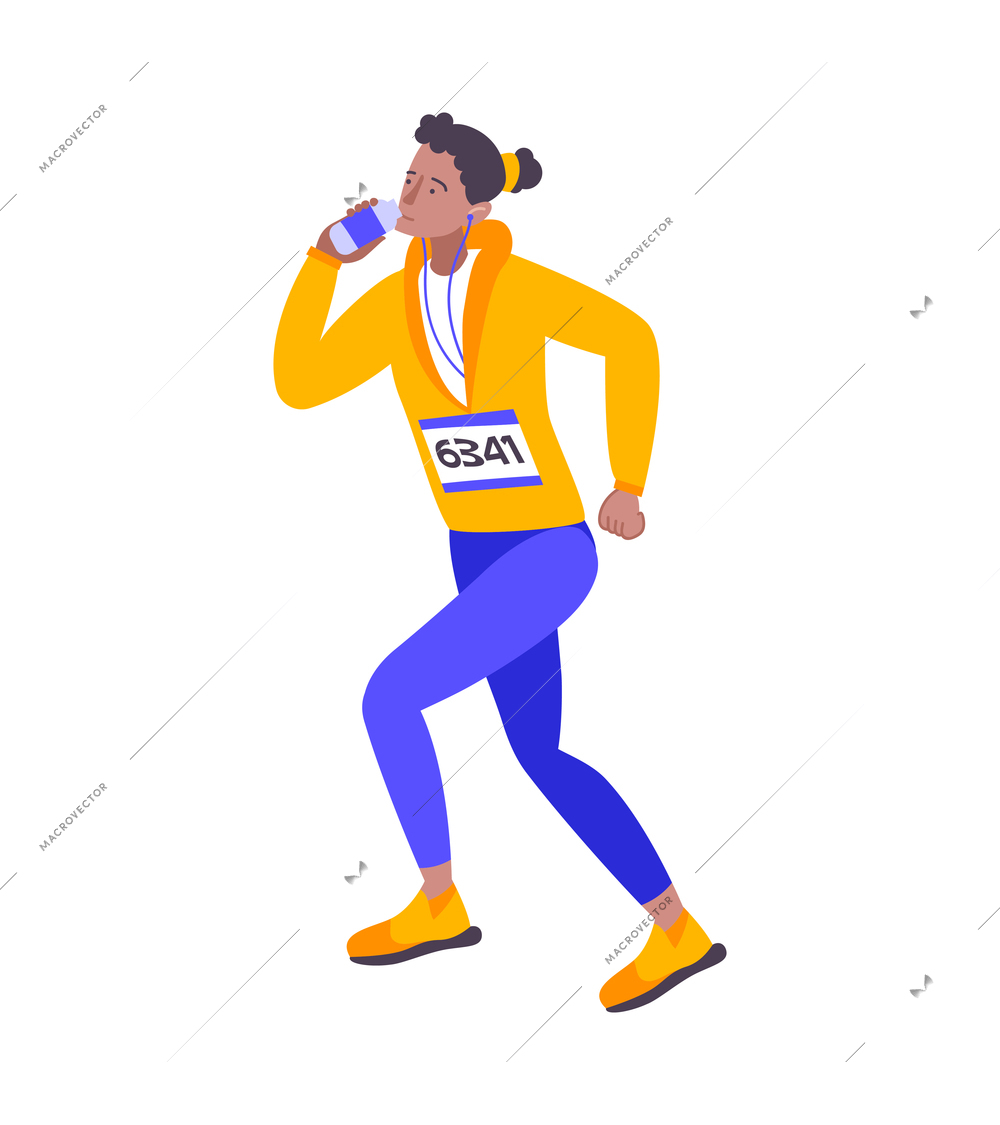 Marathon running sport composition with isolated human character of female athlete with bottle of water vector illustration