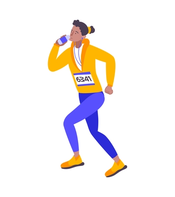 Marathon running sport composition with isolated human character of female athlete with bottle of water vector illustration