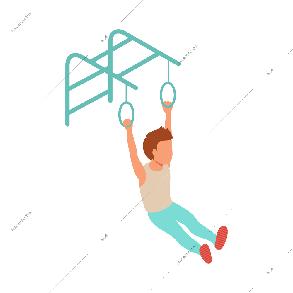 Kid sport isometric composition with character of boy practicing on hanging rings vector illustration