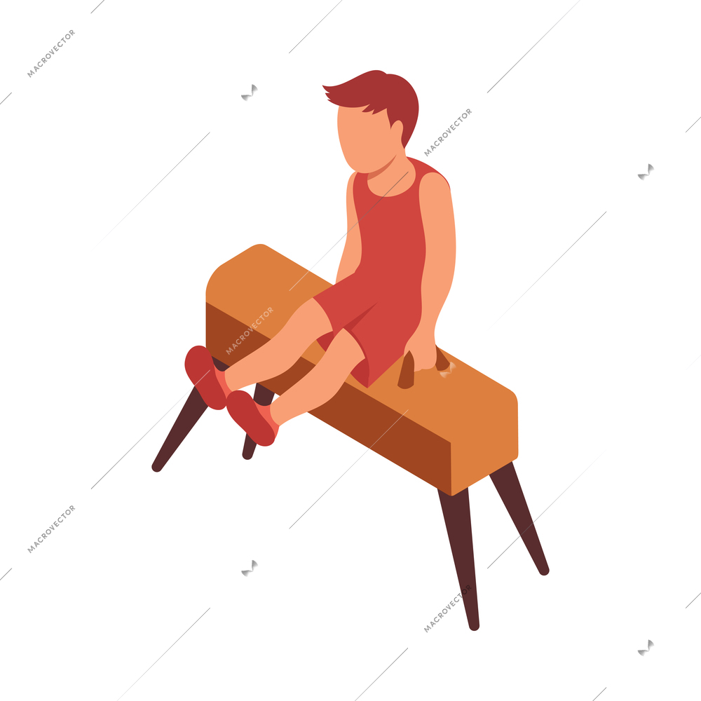 Kid sport isometric composition with character of boy practicing on gymnastic apparatus vector illustration