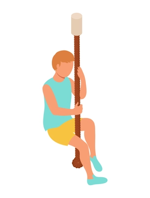 Kid sport isometric composition with character of boy climbing up the rope vector illustration