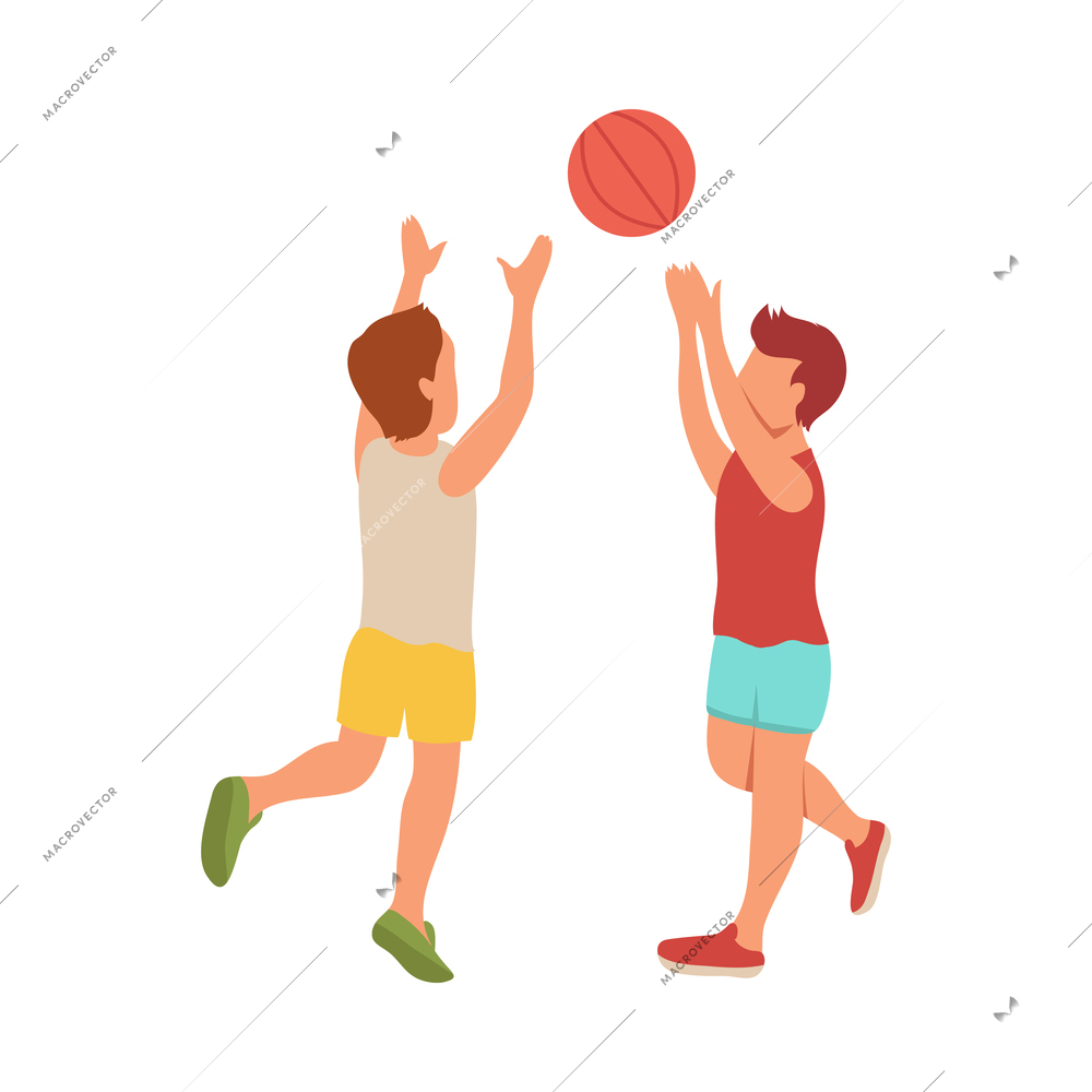 Kid sport isometric composition with characters of boys playing with basketball ball vector illustration