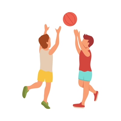 Kid sport isometric composition with characters of boys playing with basketball ball vector illustration