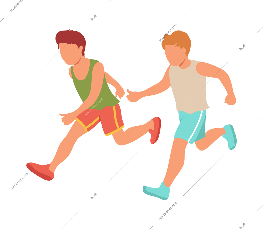 Kid sport isometric composition with characters of running boys in uniform vector illustration