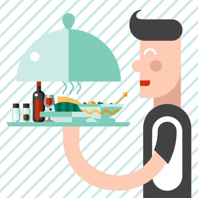 Young male waiter with serving tray and hot meal wine bottle and spices on it vector illustration