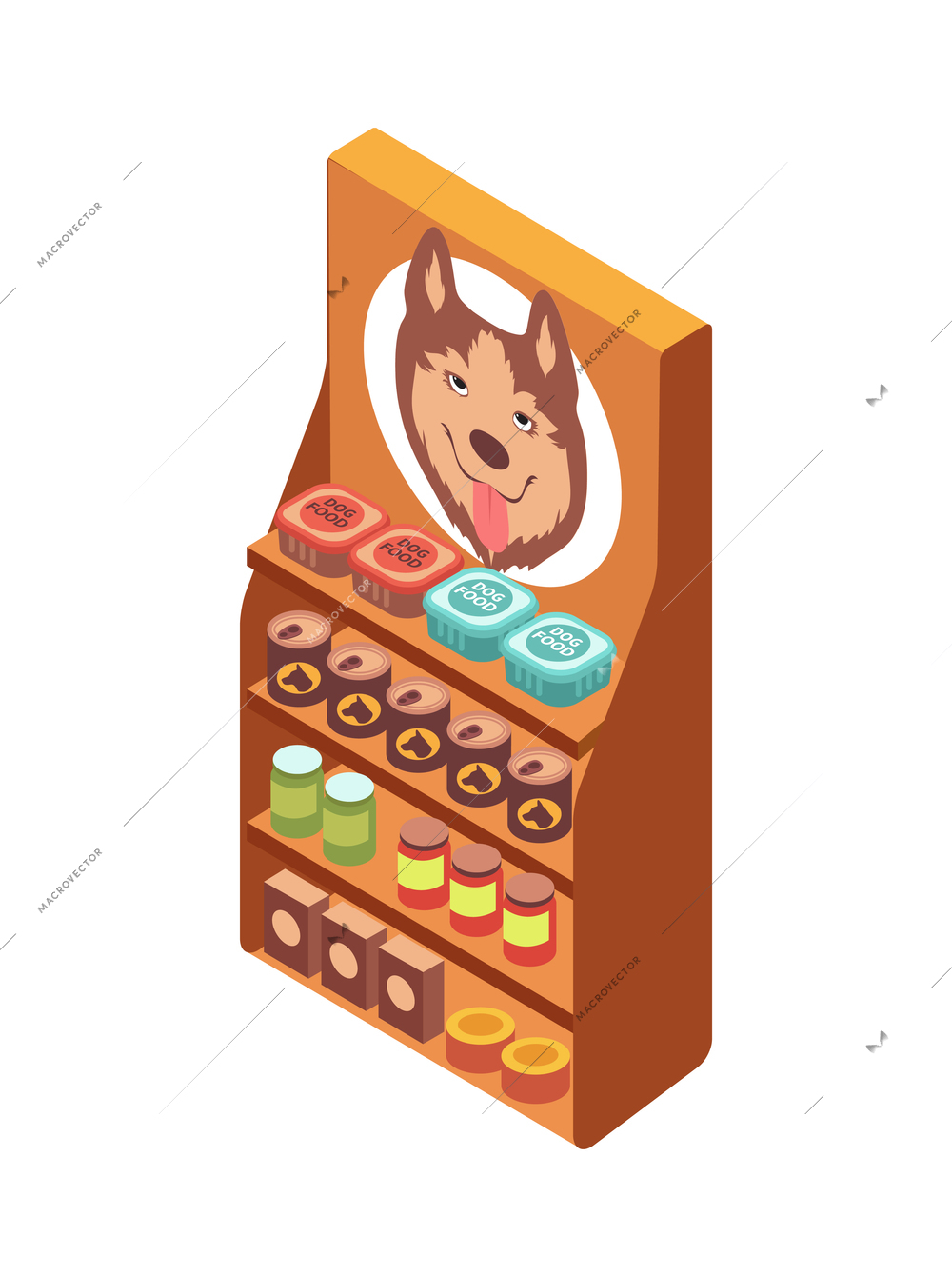 Pet animals isometric composition with isolated view of showcase with dog food on shelves vector illustration