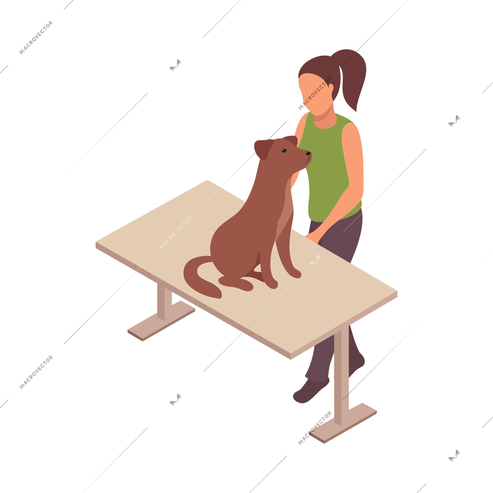 Pet animals isometric composition with character of woman and dog on table vector illustration