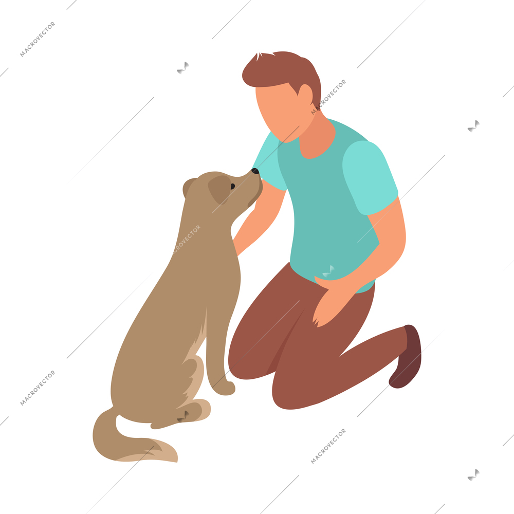 Pet animals isometric composition with character of male dog owner stroking his dog vector illustration