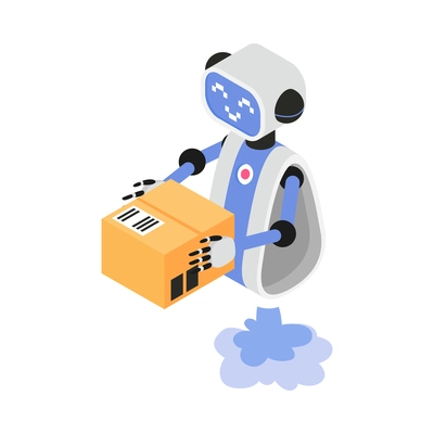 Isometric robotic process automation composition with character of robot holding parcel box vector illustration