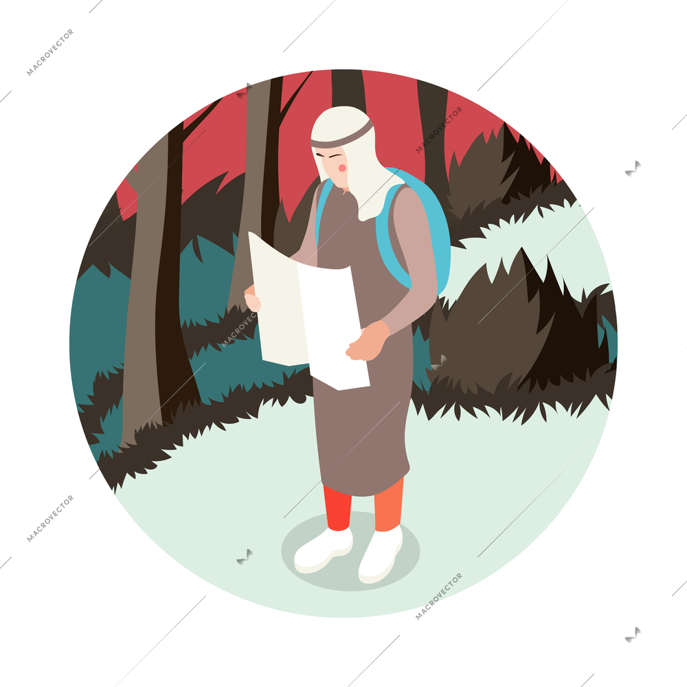 Modern arab muslims saudi people round composition with view of muslim tourist with paper map vector illustration