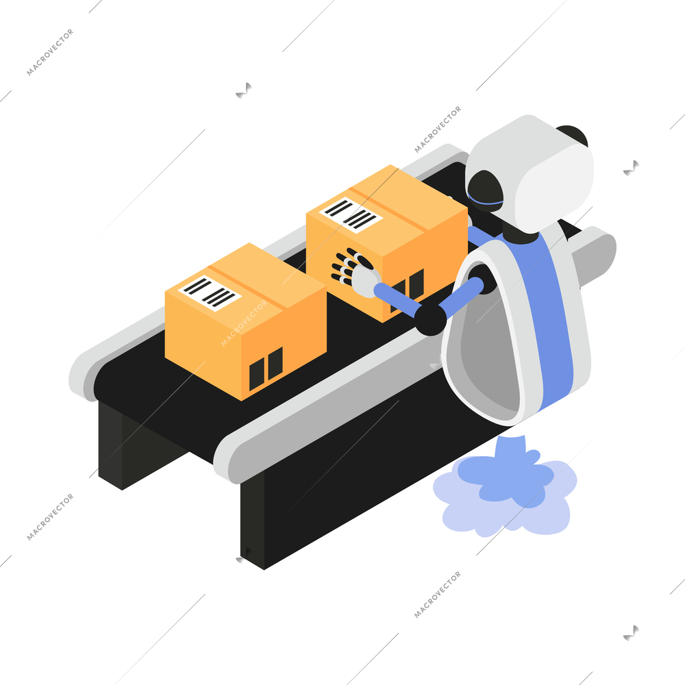 Isometric robotic process automation composition with character of robot working on packaging line vector illustration