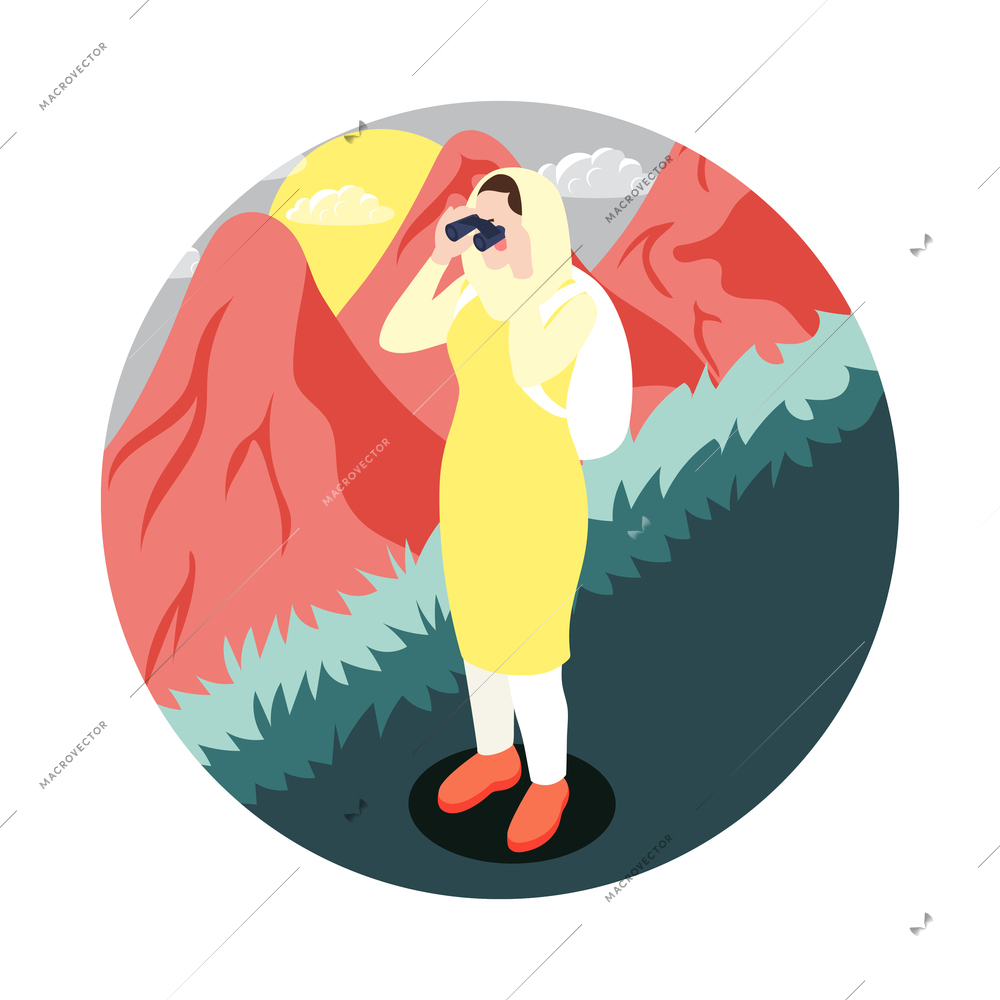 Modern arab muslims saudi people round composition with view of muslim woman in mountains with binocular vector illustration