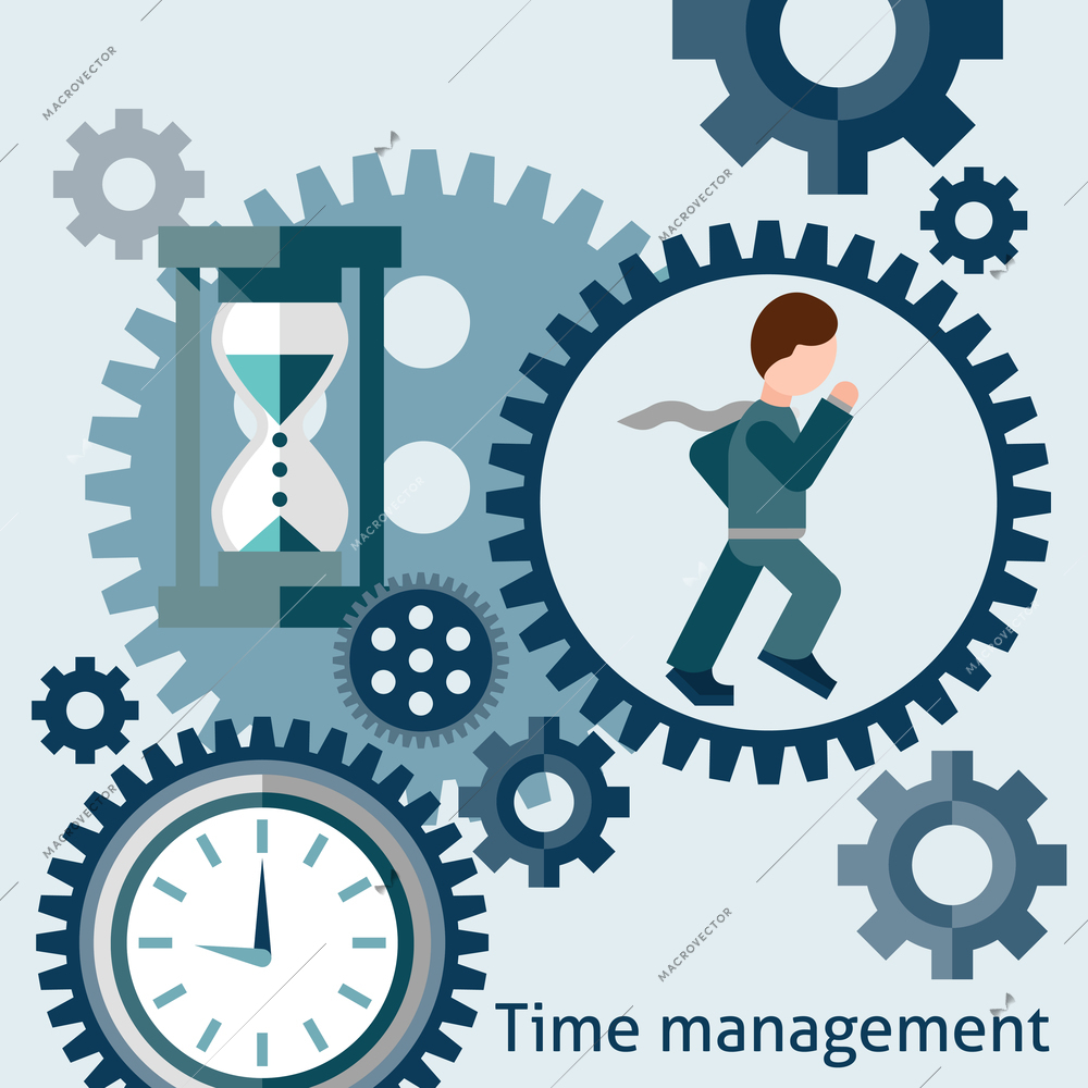 Time management flat concept with running businessman cogwheels clocks and hourglass vector illustration