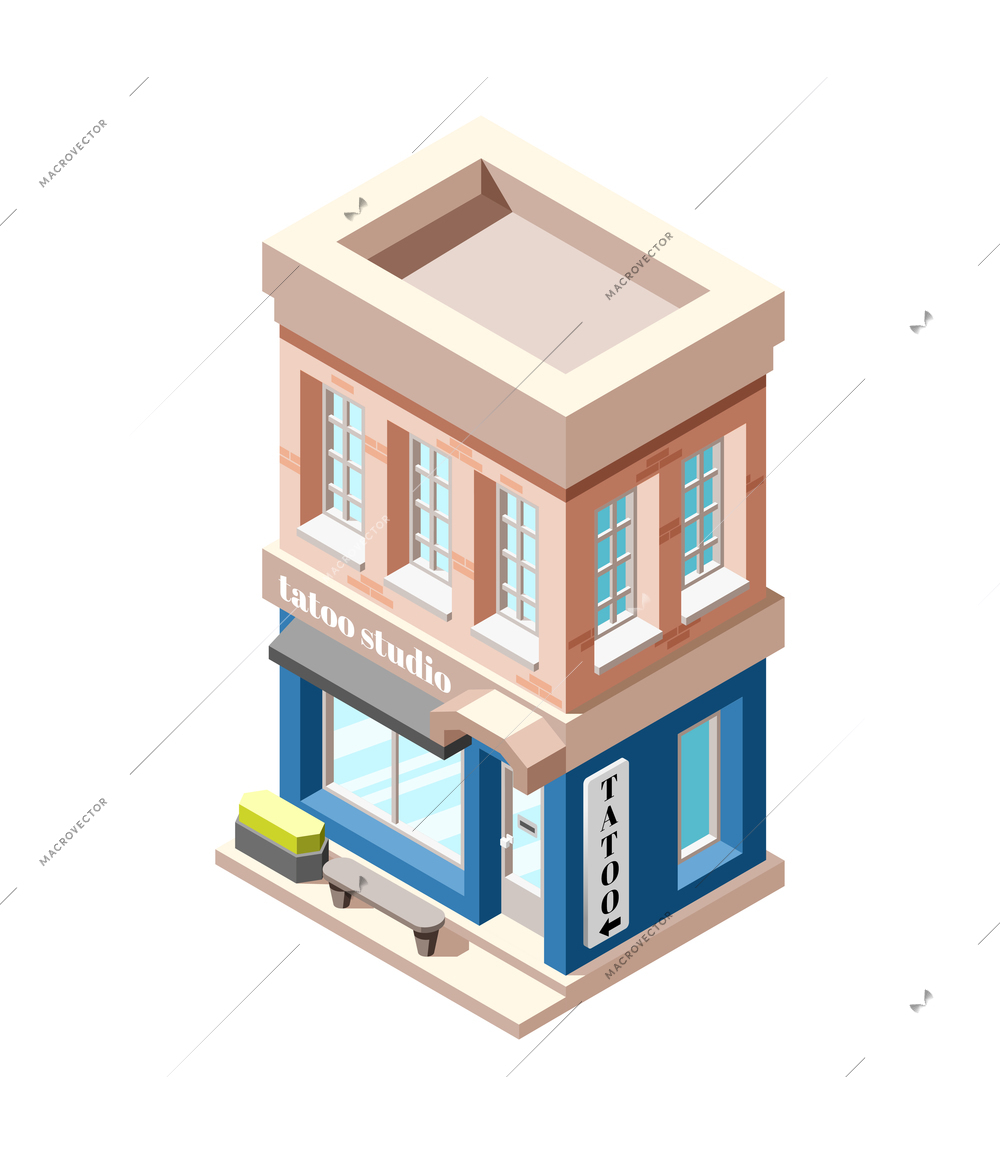 Tattoo studio isometric icons composition with isolated image of two storey building vector illustration