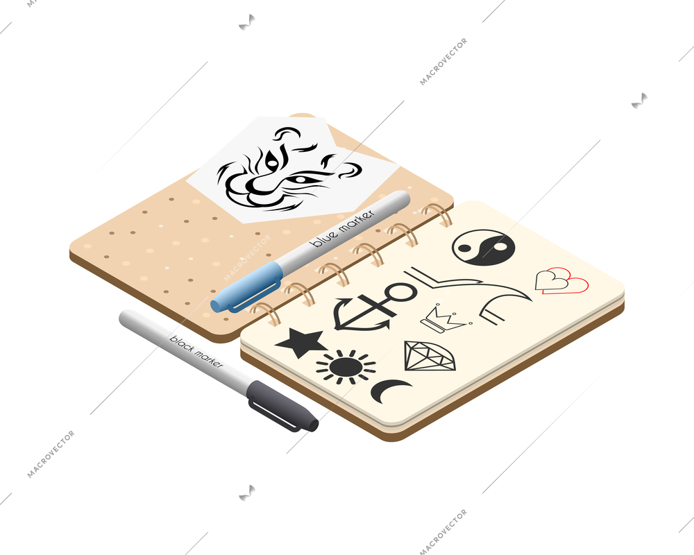 Tattoo studio isometric icons composition with isolated image of notebook with tattoo sketches with pen vector illustration