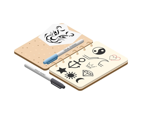 Tattoo studio isometric icons composition with isolated image of notebook with tattoo sketches with pen vector illustration