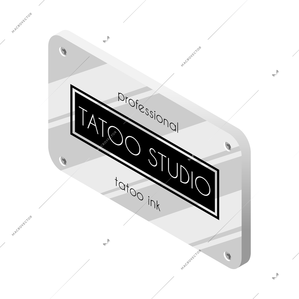 Tattoo studio isometric icons composition with isolated image of metal signboard with editable text vector illustration