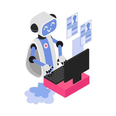 Isometric robotic process automation composition with character of robot scanning profiles on computer vector illustration